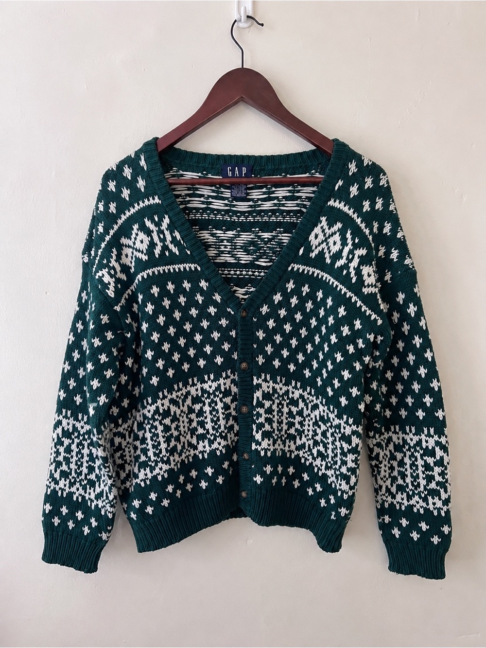 GAP Fair Isle Knit Cardigan Sweater Green White Women’s S/M Drop Shoulder